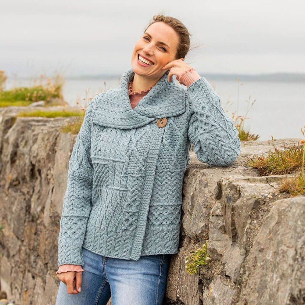 Carraig Donn Aran Cardigan Women S Blue 100% Merino Wool Asymmetric Button Wrap